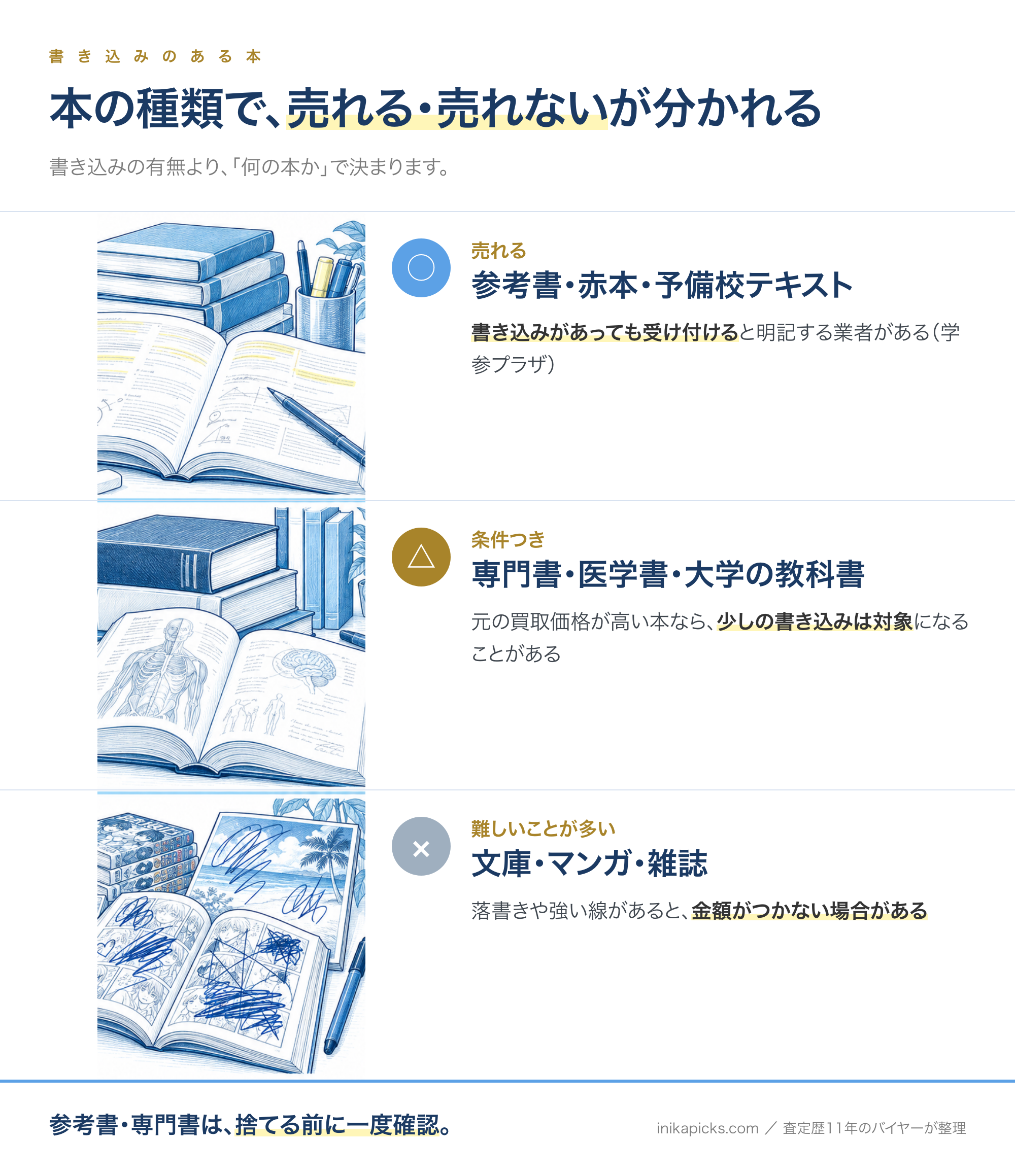 書き込みのある本の仕分け:売れる・条件つき・売れない